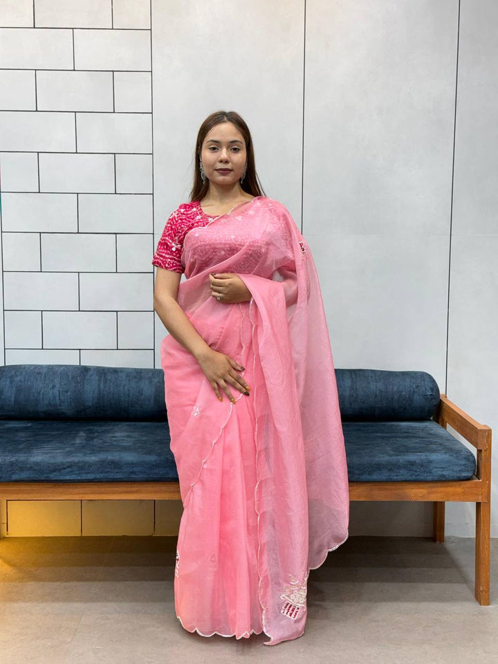 Blush Pink Embroidered Saree with Rani Bandhani Blouse | Elegant Festive Wear