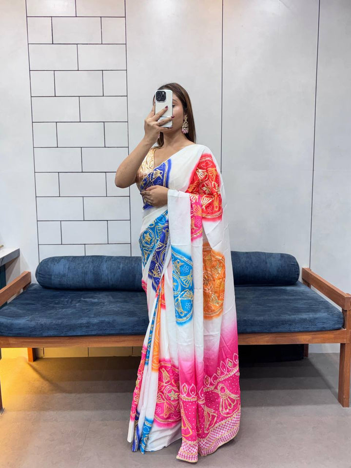 Special Edition Sawan Special Bandhej Saree in Gaji Silk with Gota Patti Handwork