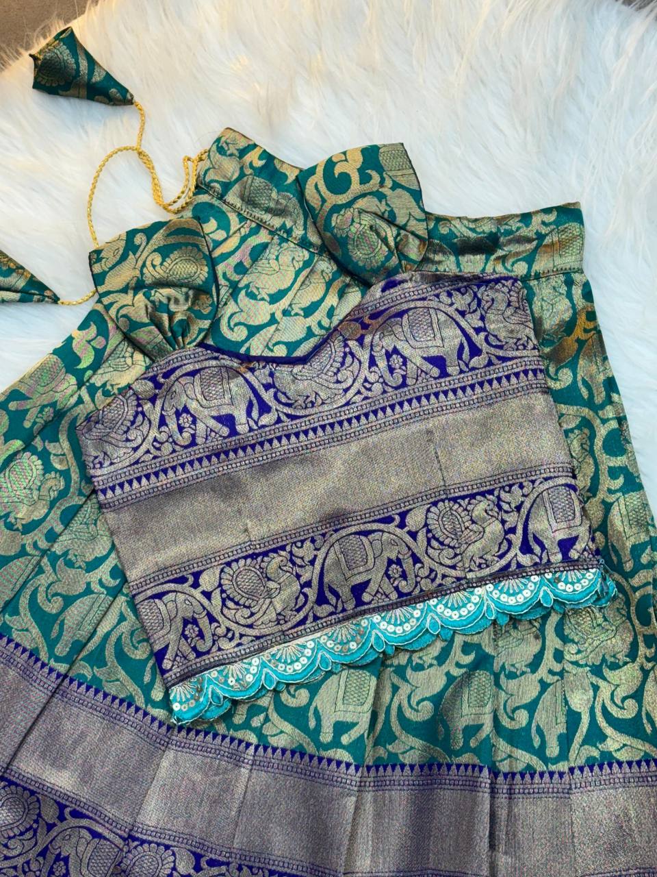 Kids Traditional Parrot Green & Royal Blue Banarasi Lehenga Choli with Gold Zari Work
