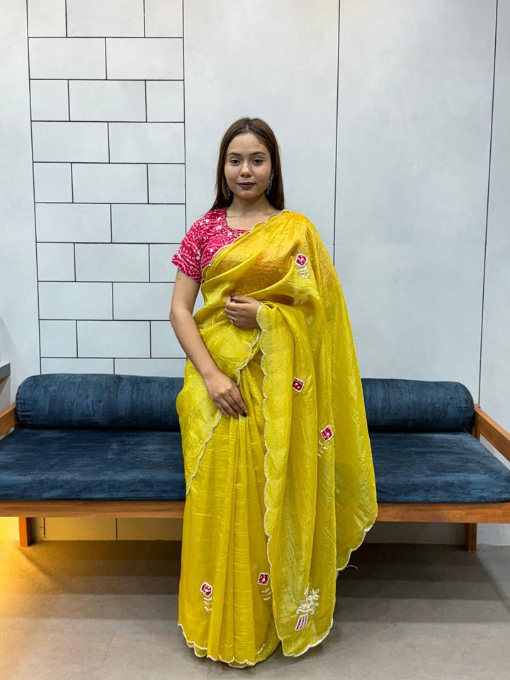 Yellow Embroidered Saree with Teal Bandhej Blouse | Soothing Ethnic Festive Wear