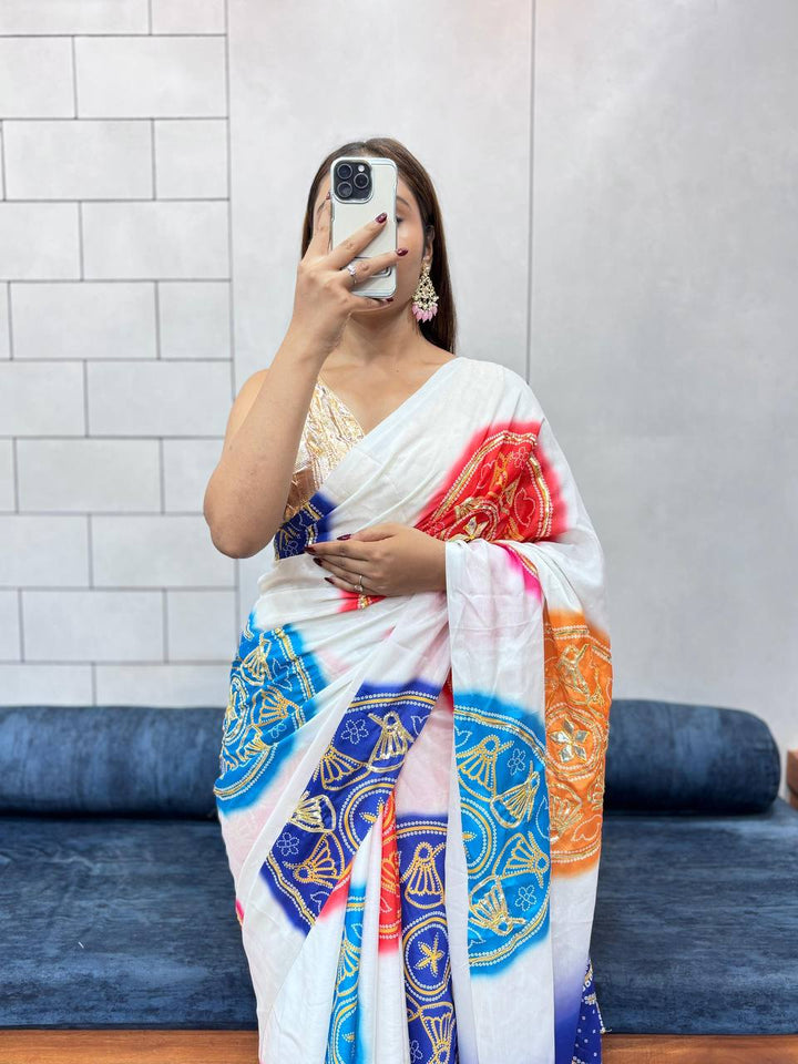 Exclusive Bandhej Print Gaji Silk Saree with All Over Butta & Contrast Blouse