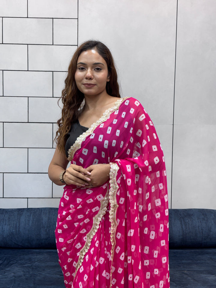 Hot Pink Bandhani Georgette Saree with embroidery Lace Border & Matching Blouse Piece