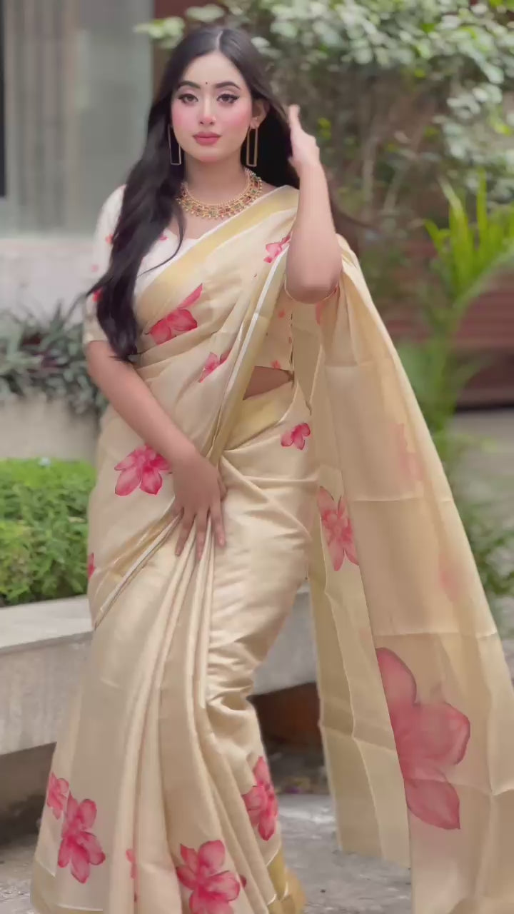 Elegant Beige Floral Print Gold Tissue Silk Saree for Women - Traditional Indian Attire with Pink Blossom Design