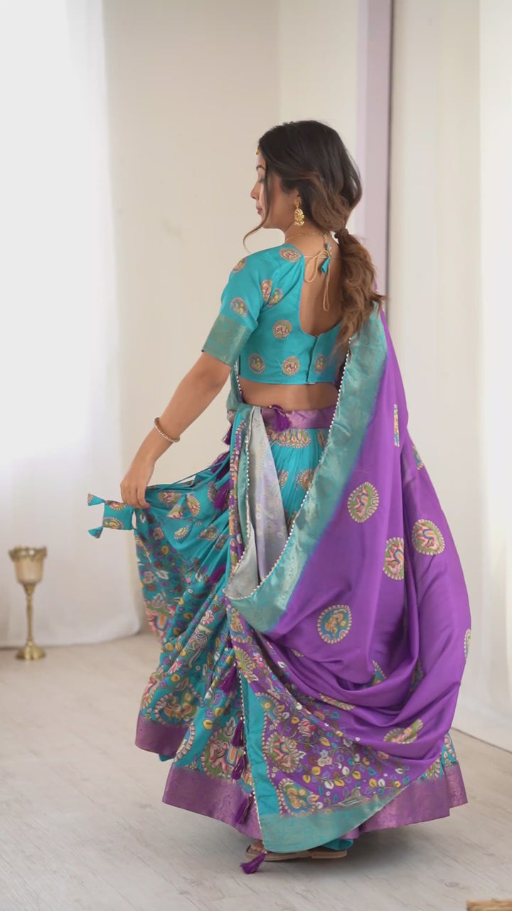 Turquoise Blue & Purple Kalamkari Tussar Silk Lehenga with Zari Border & Tassel Dupatta – Wedding & Festive Wear
