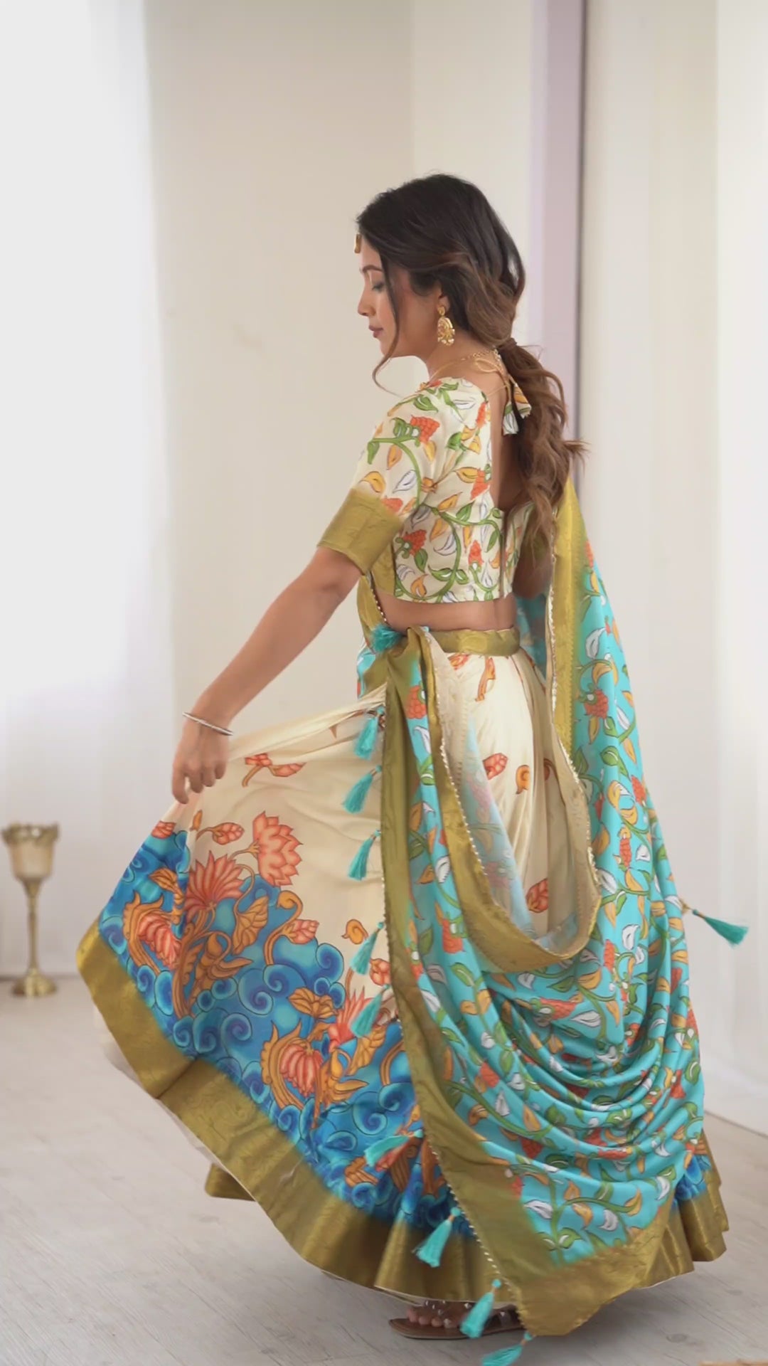Off-White & Blue Kalamkari Silk Lehenga with Olive Zari Border & Tassel Dupatta – Festive & Wedding Wear
