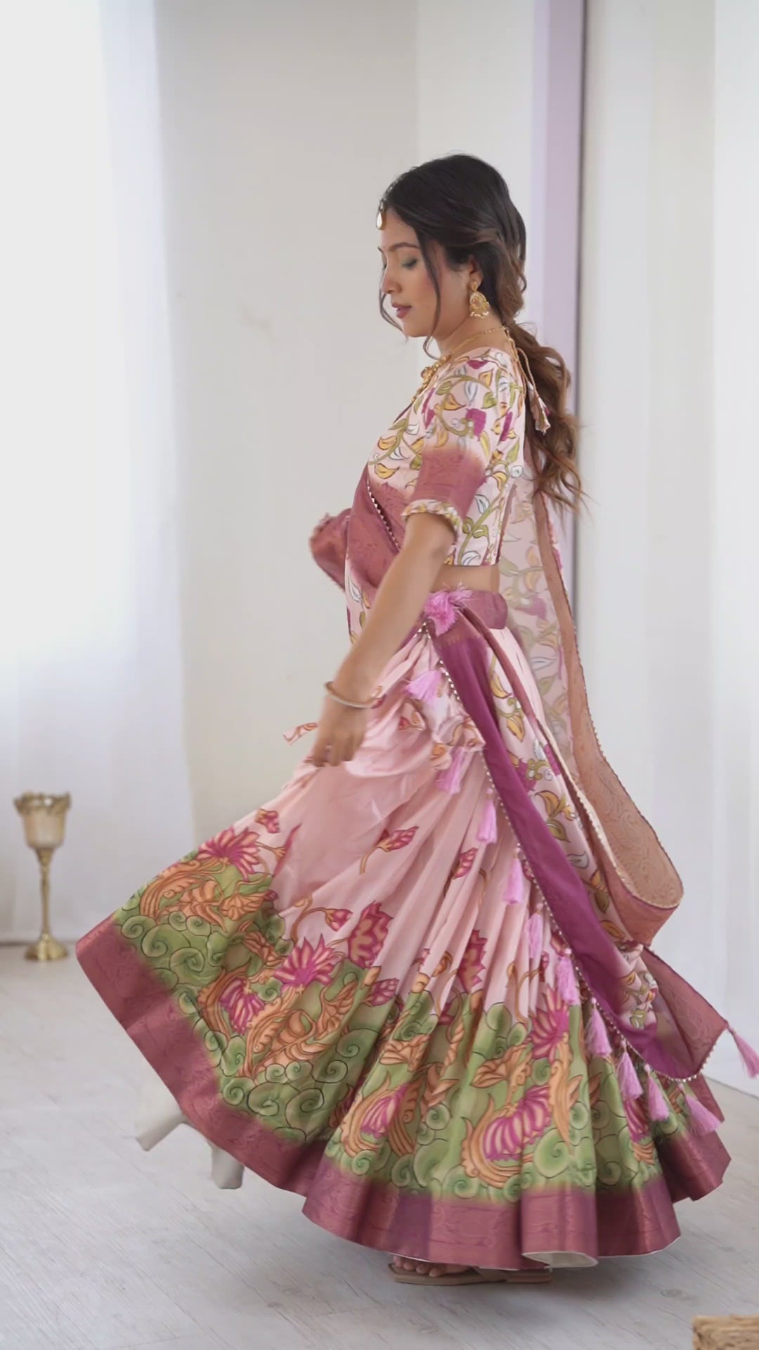 Pastel Pink Kalamkari Silk Lehenga with Tassel Dupatta & Zari Border – Festive & Wedding Wear