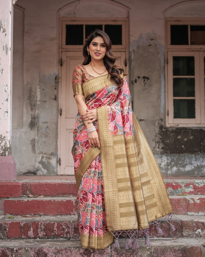 Pure Banarasi Digitally Printed Silk Saree Weaved With Zari Comes With Tassels - Almaari Fashion