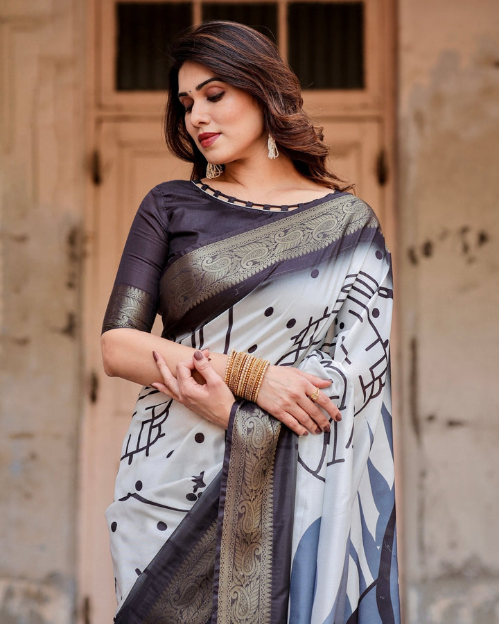Pure Silk Digitally Printed Saree Weaved With Golden Zari Comes With Tassels - Almaari Fashion