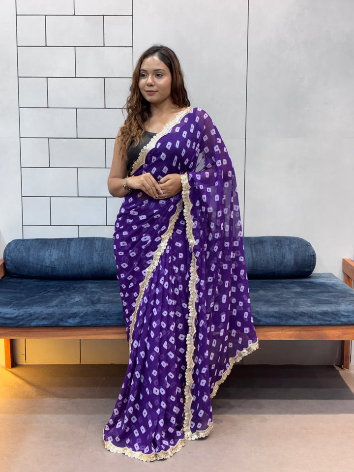 Royal Purple Bandhani Georgette Saree with embroidery Lace Border & Running Blouse