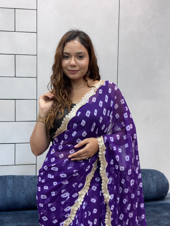 Royal Purple Bandhani Georgette Saree with embroidery Lace Border & Running Blouse
