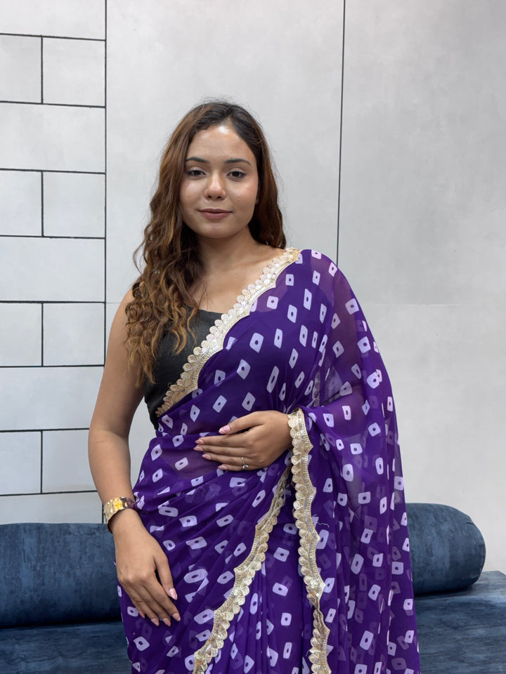 Royal Purple Bandhani Georgette Saree with embroidery Lace Border & Running Blouse