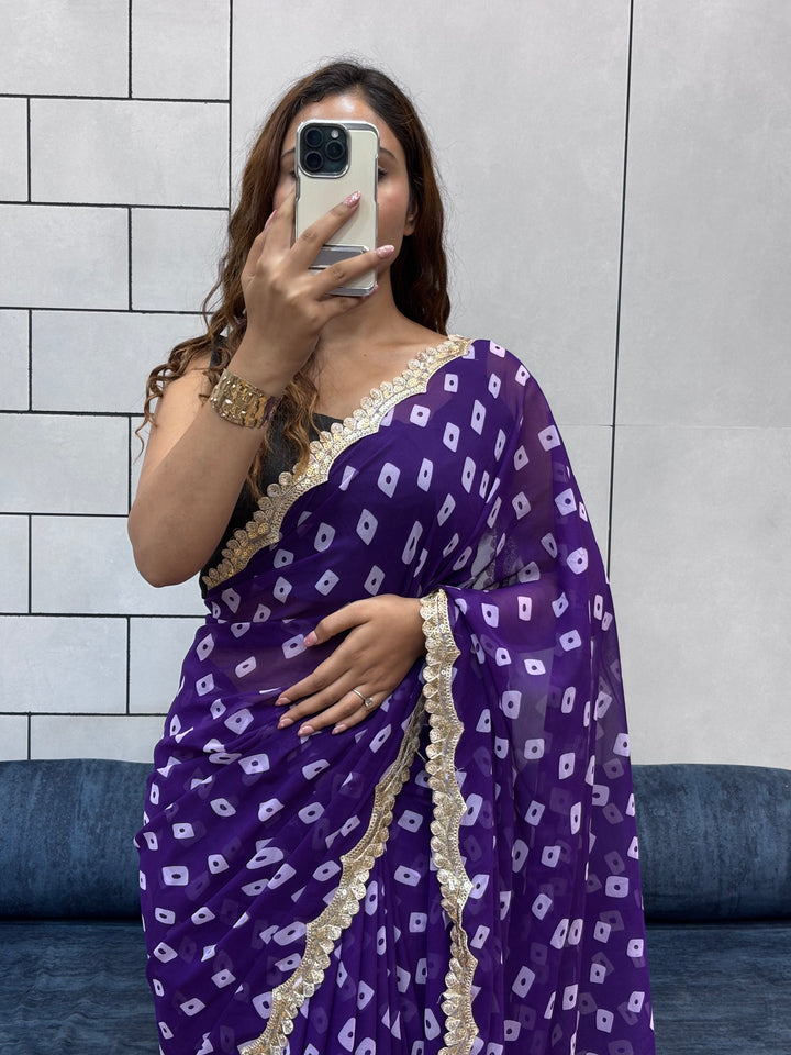 Royal Purple Bandhani Georgette Saree with embroidery Lace Border & Running Blouse