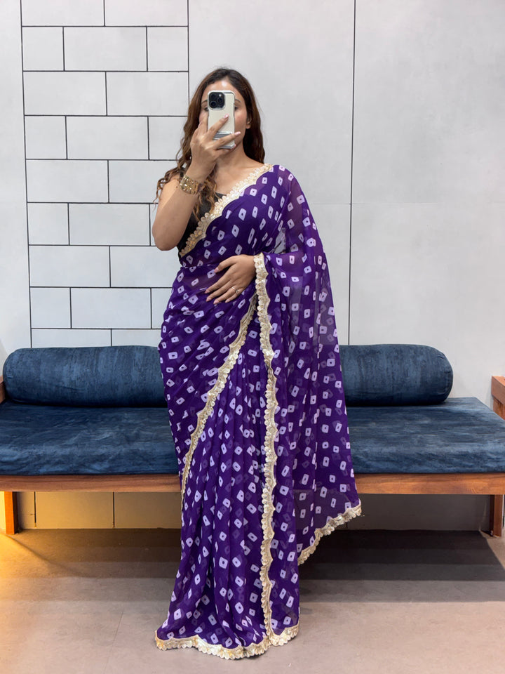 Royal Purple Bandhani Georgette Saree with embroidery Lace Border & Running Blouse