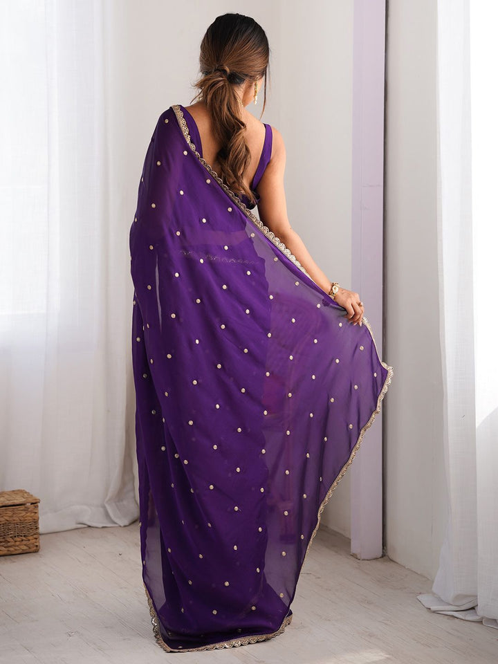 Royal Purple Georgette Saree with Golden Zari Lace Border & Sequin Work – Elegant Party & Wedding Wear