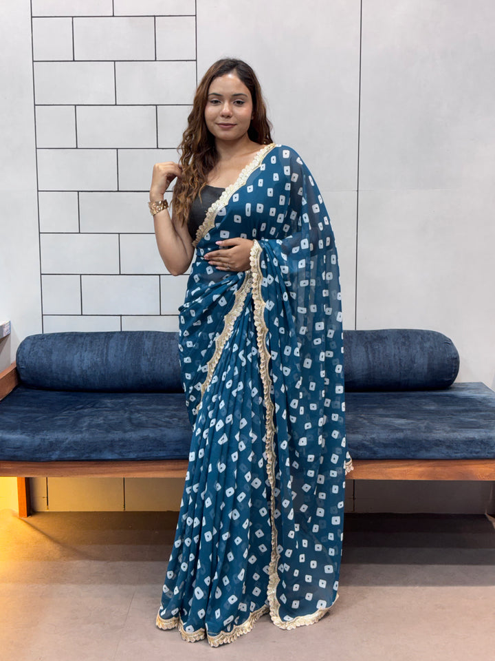 Teal Blue Bandhani Georgette Saree with Designer embroidery  Lace Border & Running Blouse