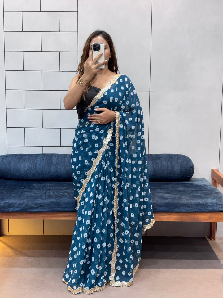 Teal Blue Bandhani Georgette Saree with Designer embroidery  Lace Border & Running Blouse