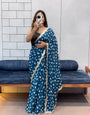 Teal Blue Bandhani Georgette Saree with Designer embroidery  Lace Border & Running Blouse