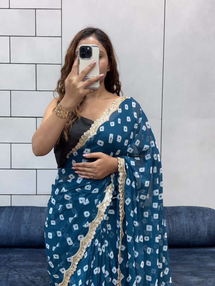 Teal Blue Bandhani Georgette Saree with Designer embroidery  Lace Border & Running Blouse