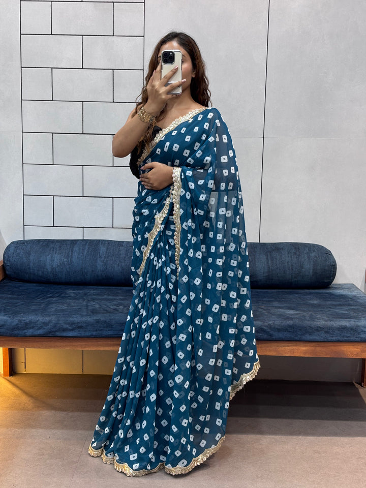 Teal Blue Bandhani Georgette Saree with Designer embroidery  Lace Border & Running Blouse