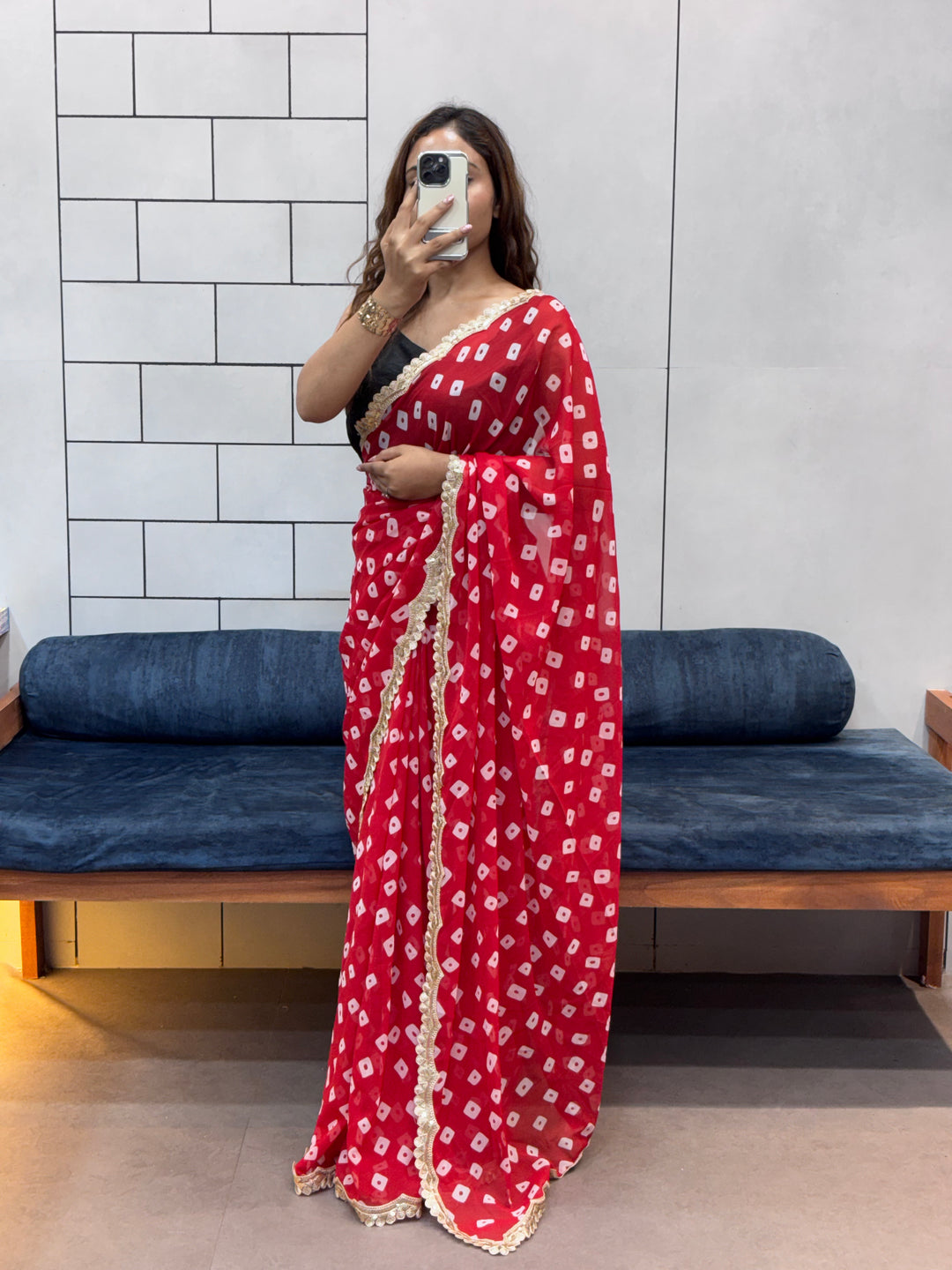 Crimson Red Bandhani Georgette Saree with embroidery Lace Border & Running Blouse