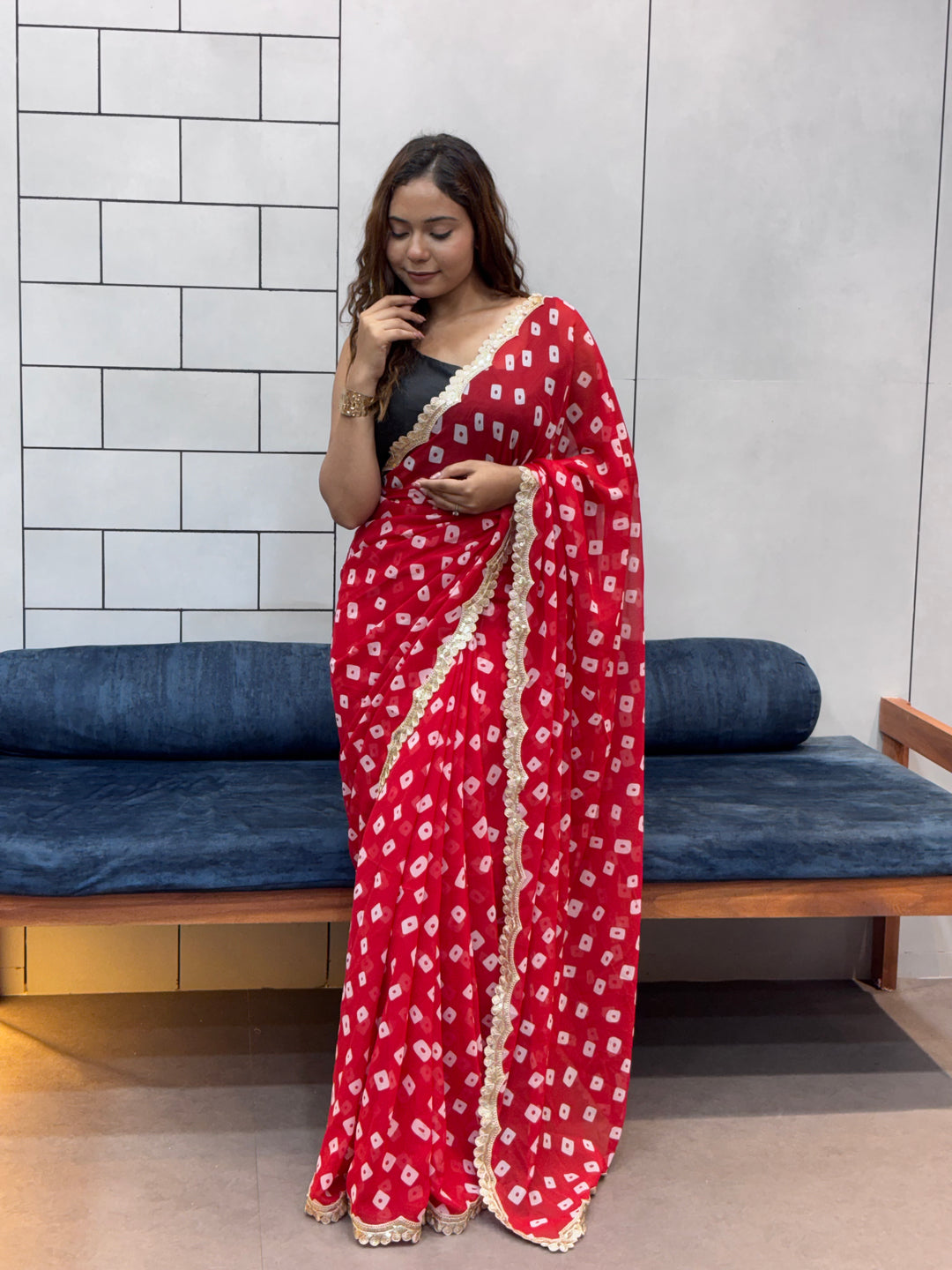 Crimson Red Bandhani Georgette Saree with embroidery Lace Border & Running Blouse