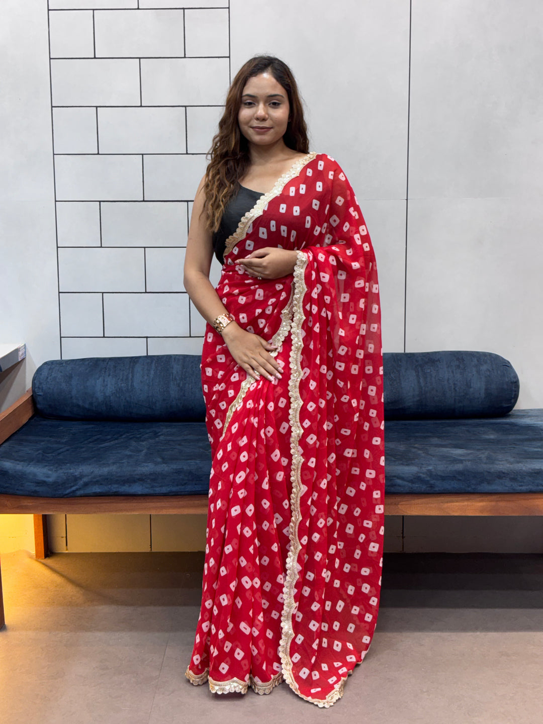 Crimson Red Bandhani Georgette Saree with embroidery Lace Border & Running Blouse
