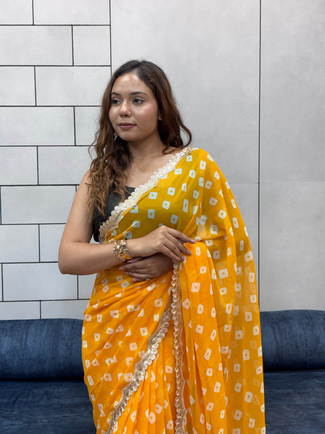 Sunflower Yellow Bandhani Georgette Saree with embroidery   Lace Border & Running Blouse