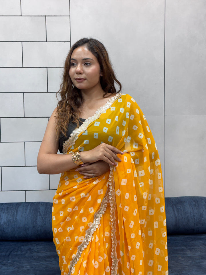 Sunflower Yellow Bandhani Georgette Saree with embroidery   Lace Border & Running Blouse