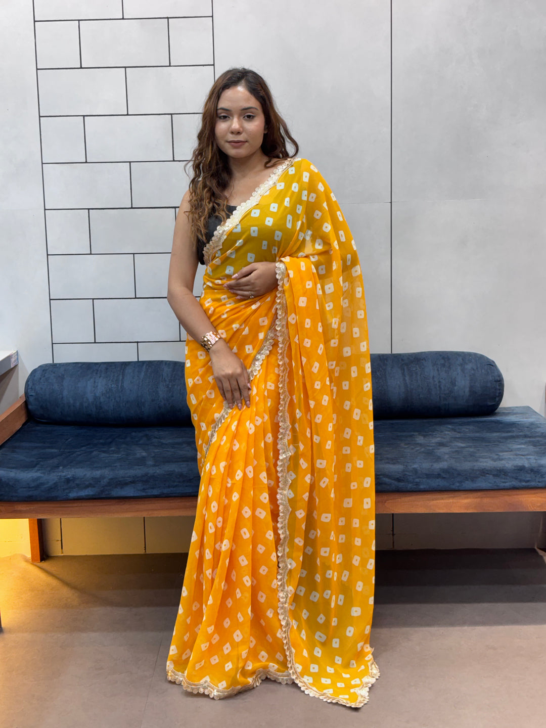 Sunflower Yellow Bandhani Georgette Saree with embroidery   Lace Border & Running Blouse