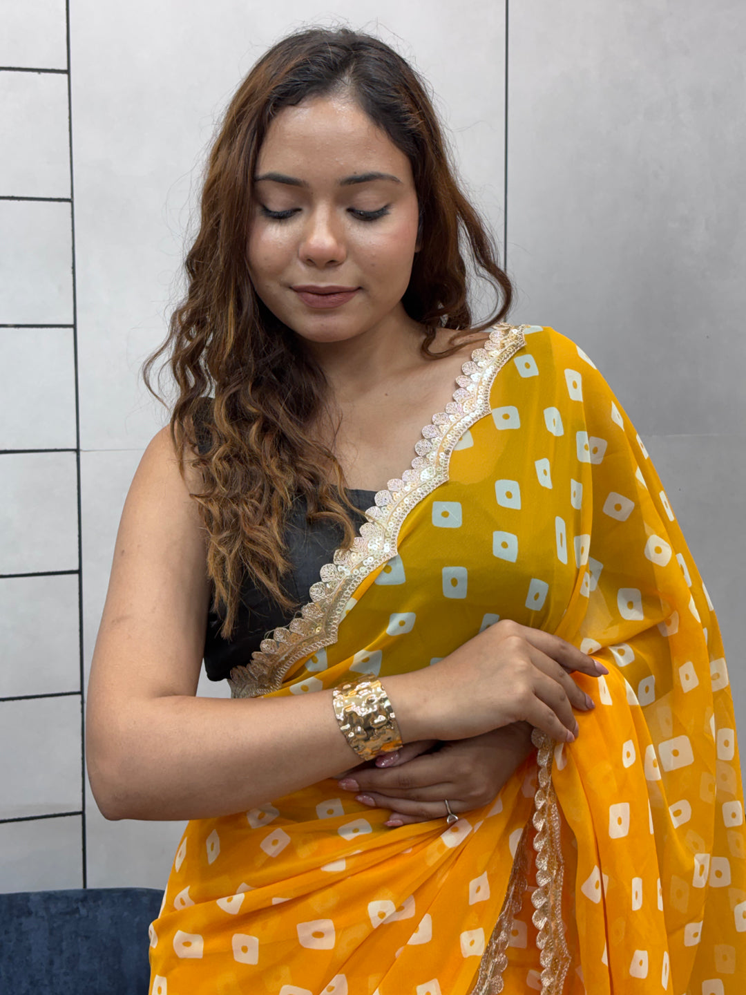 Sunflower Yellow Bandhani Georgette Saree with embroidery   Lace Border & Running Blouse