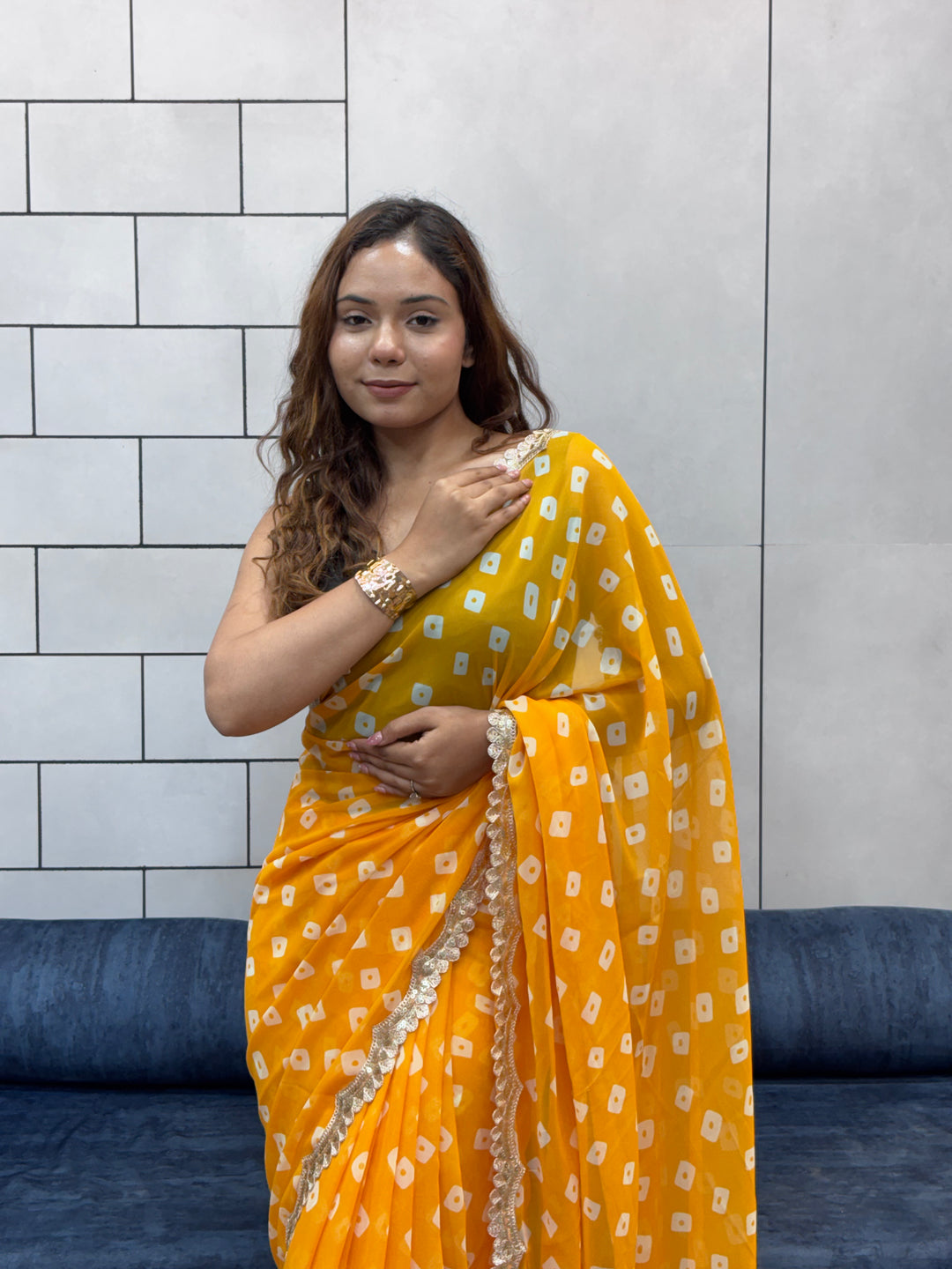 Sunflower Yellow Bandhani Georgette Saree with embroidery   Lace Border & Running Blouse