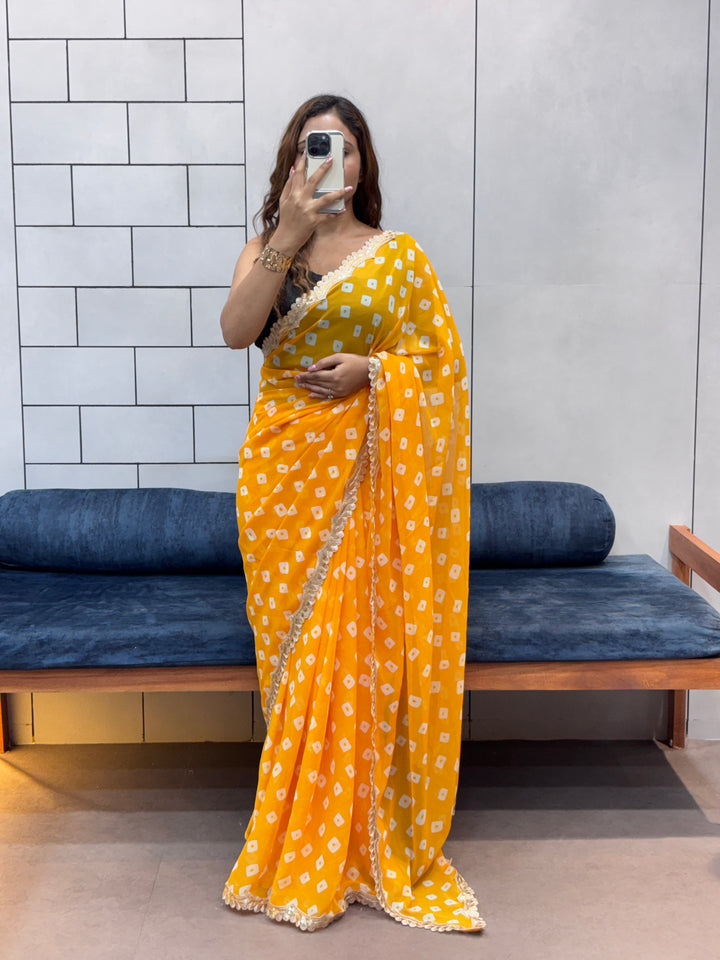Sunflower Yellow Bandhani Georgette Saree with embroidery   Lace Border & Running Blouse