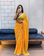 Sunflower Yellow Bandhani Georgette Saree with embroidery   Lace Border & Running Blouse