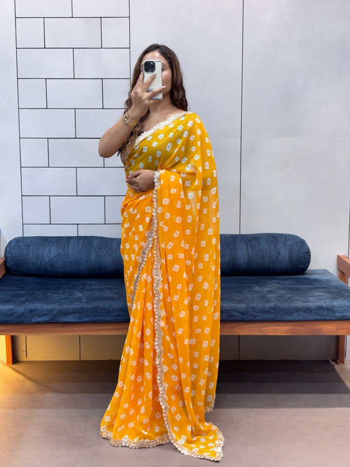 Sunflower Yellow Bandhani Georgette Saree with embroidery   Lace Border & Running Blouse
