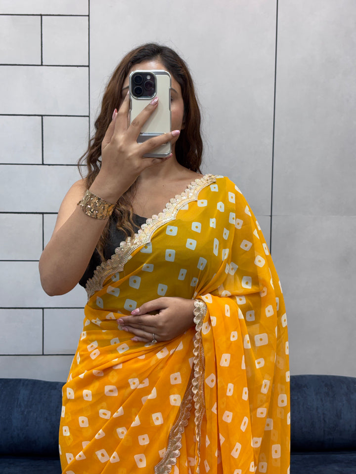 Sunflower Yellow Bandhani Georgette Saree with embroidery   Lace Border & Running Blouse